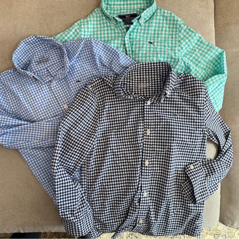 Vineyard Vines Boys green & blue Gingham checkered button down (3) Bundle 6 & 7